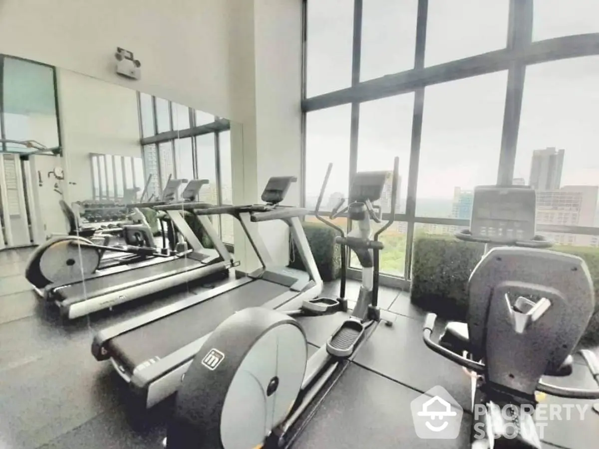 Modern gym with city view and state-of-the-art fitness equipment