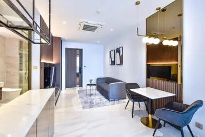 Modern living room with sleek furniture and stylish decor