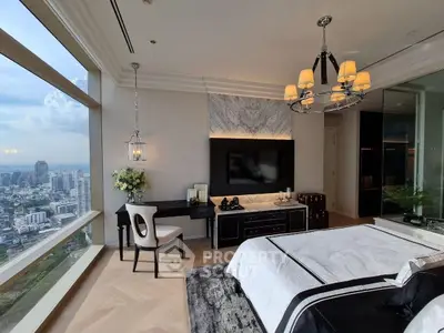 Luxurious bedroom with panoramic city view and elegant decor in high-rise apartment.