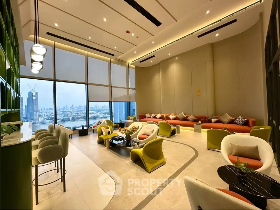 Luxurious modern living room with panoramic city view and stylish furniture