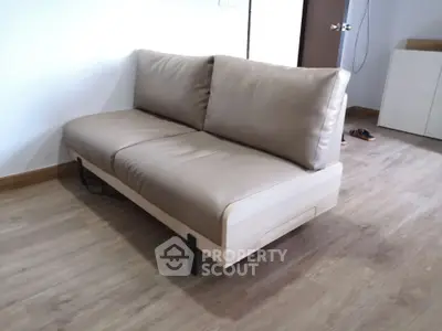 Modern minimalist sofa in stylish living room with wooden flooring