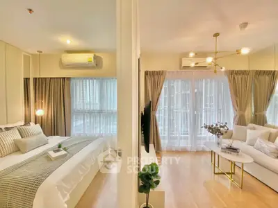 Luxurious modern apartment with spacious bedroom and elegant living room, featuring large windows and stylish decor.