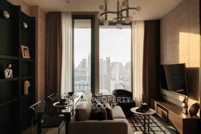Luxurious modern living room with stunning city view, elegant decor, and stylish furniture in high-rise apartment.