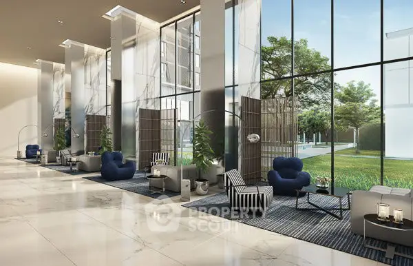 Luxurious modern lobby with floor-to-ceiling windows and stylish seating area.