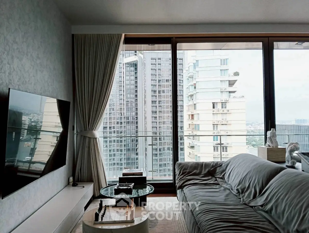 Luxurious living room with stunning city view and modern decor