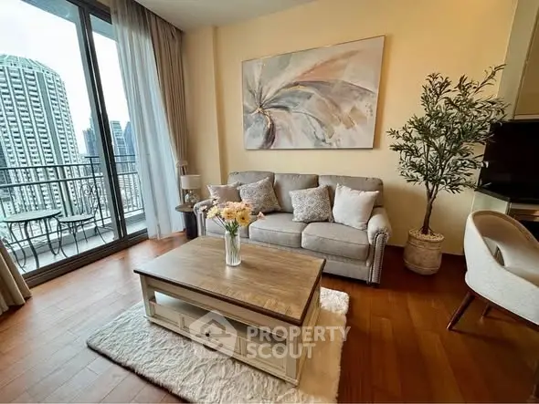 Elegant living room with modern decor and city view balcony in luxury apartment.