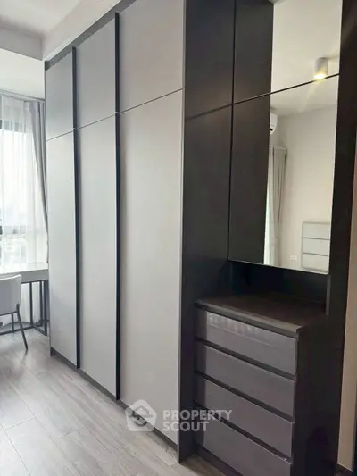 Modern bedroom with sleek built-in wardrobe and stylish decor