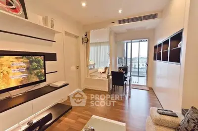 Modern living room with sleek design and city view balcony