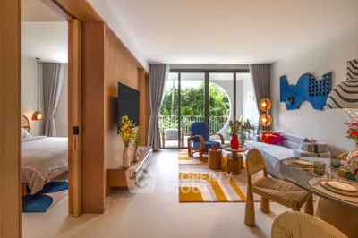Luxurious open-plan living room with modern decor and garden view balcony