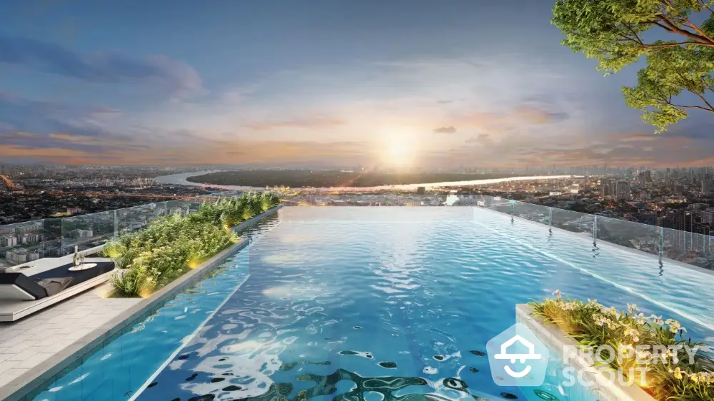 Stunning rooftop infinity pool with breathtaking city skyline view at sunset.