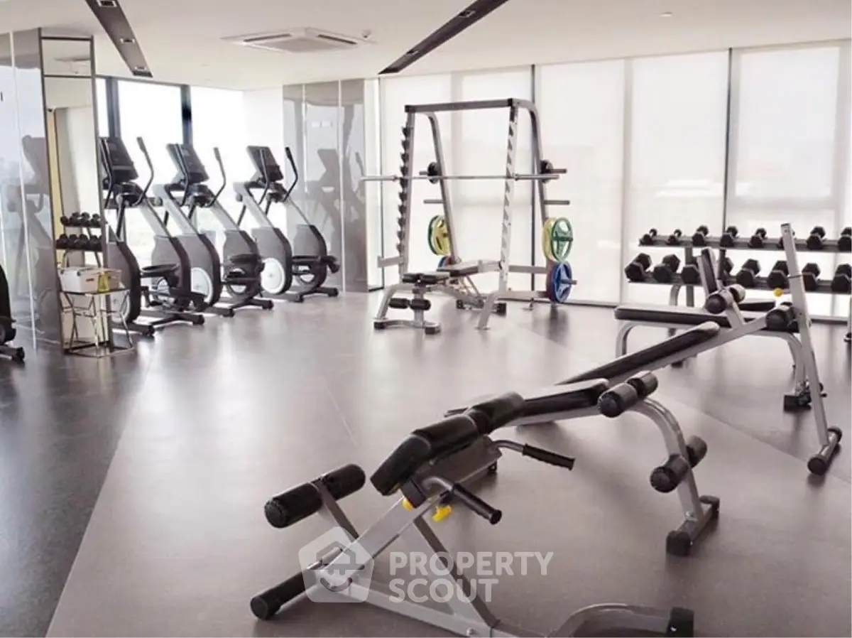 Modern gym with state-of-the-art fitness equipment and bright natural lighting.