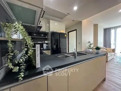 Modern kitchen with sleek design and open layout leading to a cozy living area.