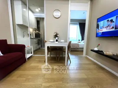 Modern apartment interior with open kitchen and cozy dining area