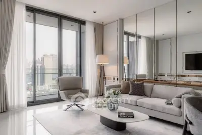 Luxurious modern living room with city view, elegant furniture, and floor-to-ceiling windows.