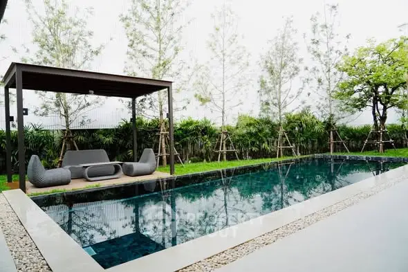 Luxurious outdoor pool area with modern seating and lush greenery, perfect for relaxation and entertainment.