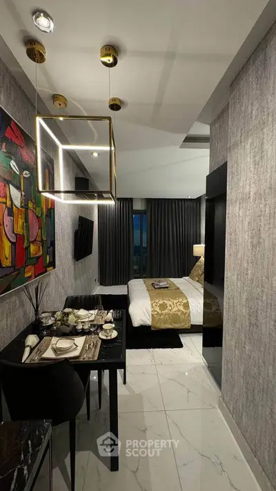 Luxurious modern bedroom with elegant decor and dining area