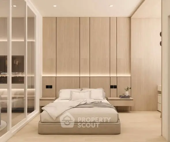 Luxurious modern bedroom with sleek design and ambient lighting