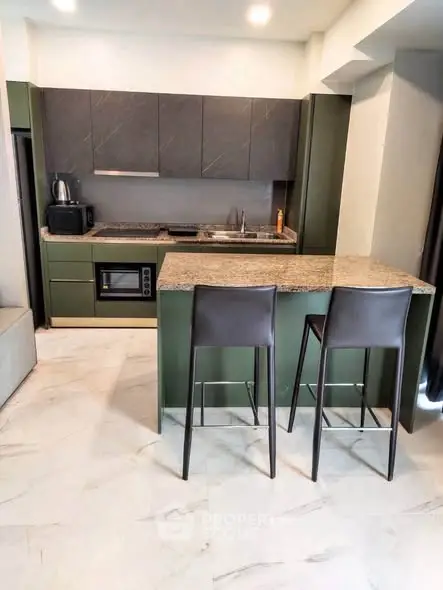 Modern kitchen with sleek cabinetry and breakfast bar in stylish apartment