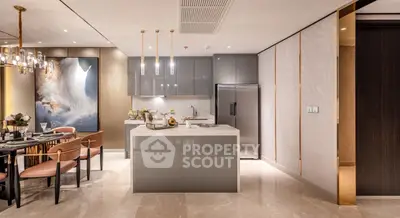 Luxurious modern kitchen with sleek design and elegant dining area, featuring high-end appliances and stylish decor.