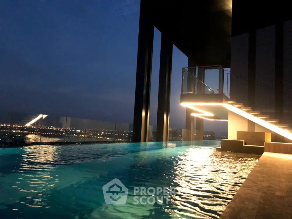 Luxurious rooftop infinity pool with stunning city skyline view at dusk