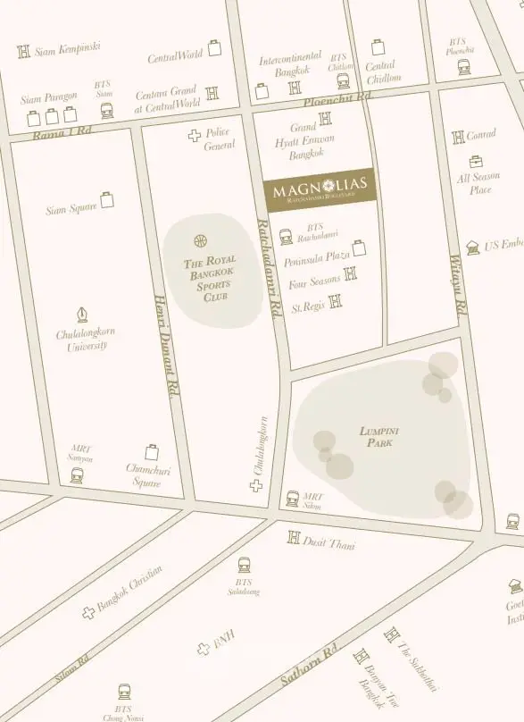 Map showing prime real estate locations near Lumpini Park in Bangkok, highlighting Magnolias and nearby landmarks.