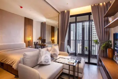 Luxurious modern bedroom with balcony view in high-rise apartment