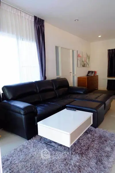 Modern living room with black leather sofa and stylish decor