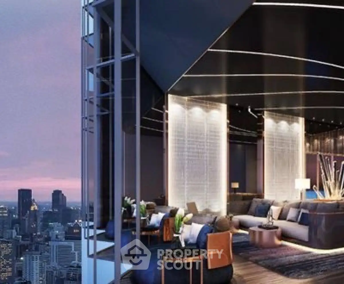 Luxurious modern living room with stunning city view in high-rise building.