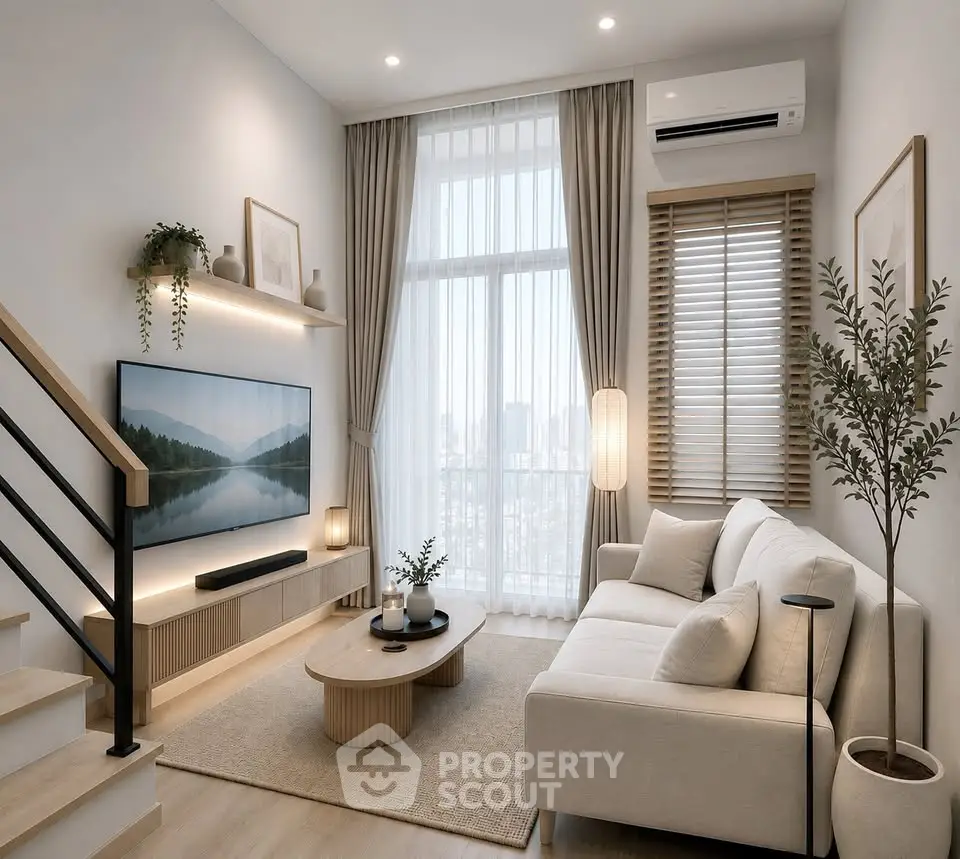 Modern living room with cozy seating, stylish decor, and natural light, perfect for relaxation and entertainment.