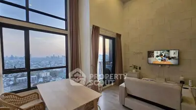 Stunning high-rise living room with panoramic city views and modern decor.