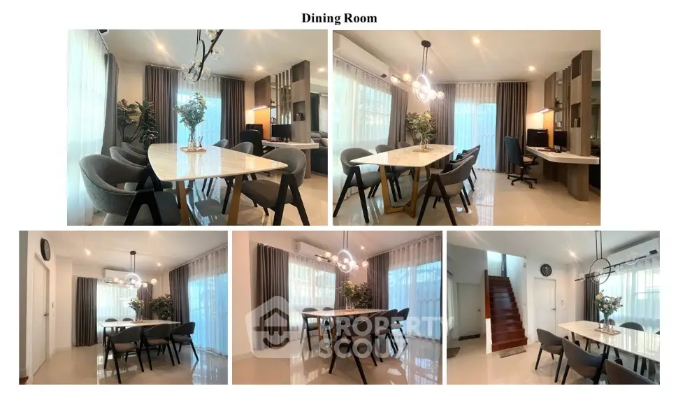 Elegant dining area seamlessly connects to a spacious living room, featuring modern furniture, chic lighting, and tasteful decor.
