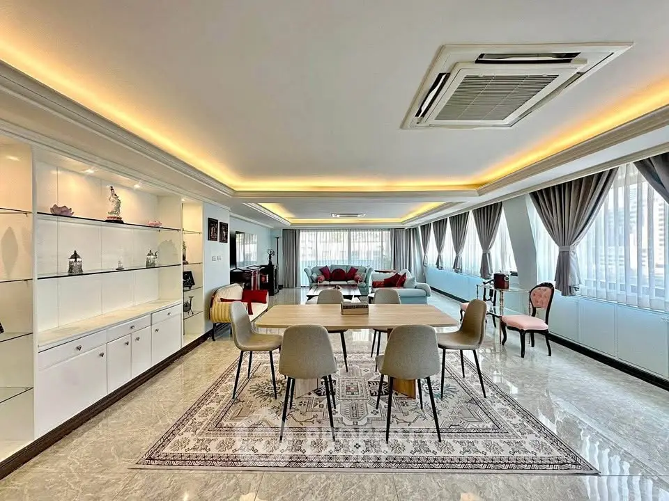 Spacious and elegant living room with modern dining area and large windows offering city views.
