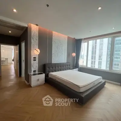 Luxurious modern bedroom with city view and elegant design