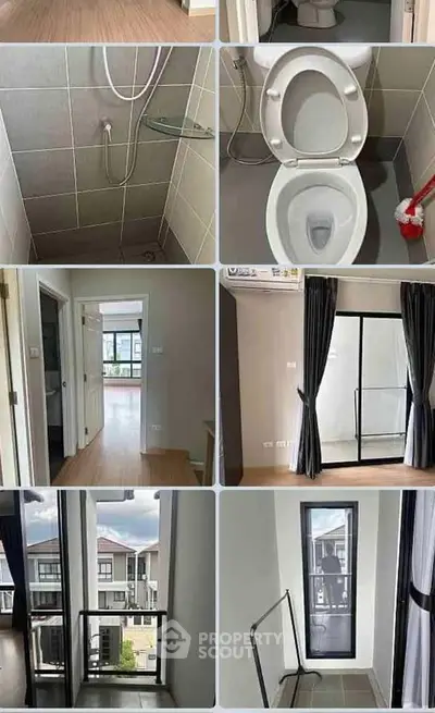 Modern apartment interior with bathroom, bedroom, and balcony views, showcasing sleek design and natural light.
