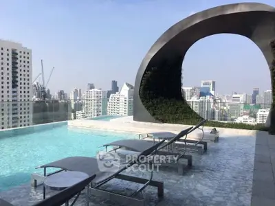 Luxurious rooftop pool with stunning city skyline views and modern architectural design.