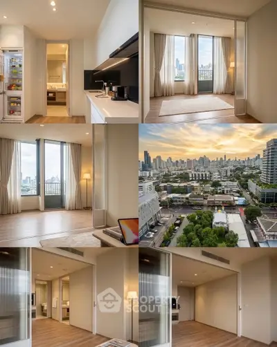 Luxurious high-rise apartment with stunning city views, modern kitchen, and spacious living area.