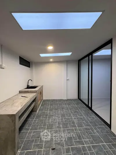 Modern minimalist kitchen with skylights and sleek design