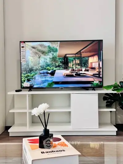 Modern living room with sleek TV stand and stylish decor