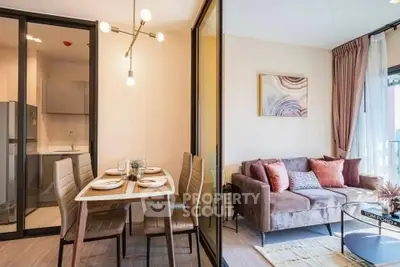 Modern open-plan living room with dining area and stylish decor