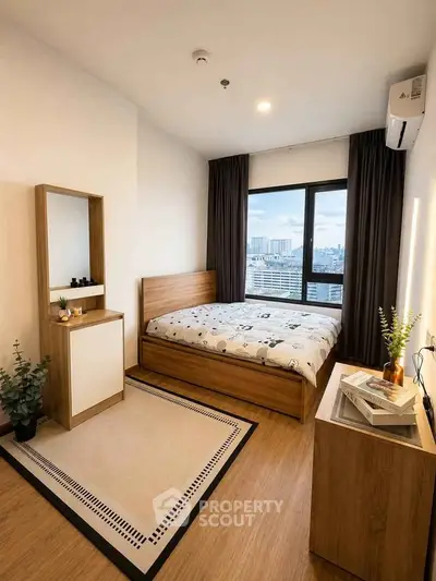 Modern bedroom with wooden furniture and city view, featuring a cozy bed and stylish decor.