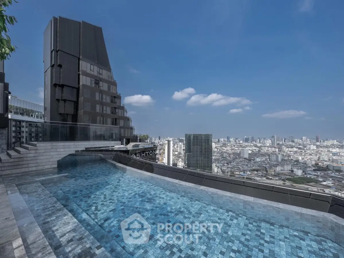 Stunning rooftop pool with panoramic city views in modern high-rise building.