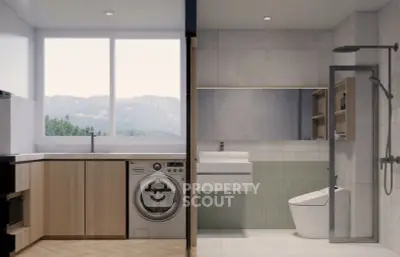 Modern bathroom with integrated laundry and scenic window view
