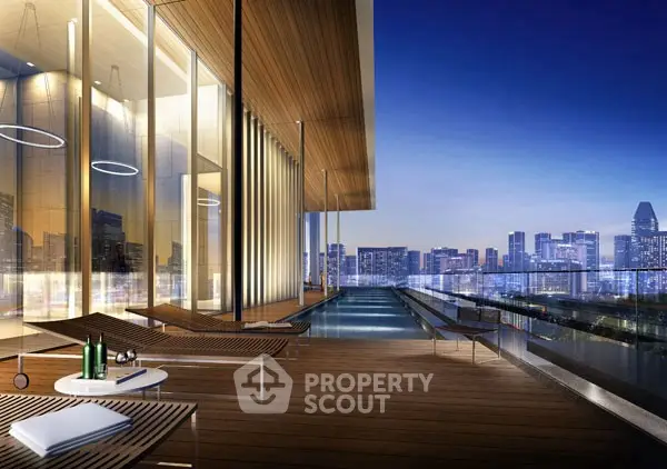 Luxurious rooftop terrace with stunning city skyline view and modern poolside lounge area.