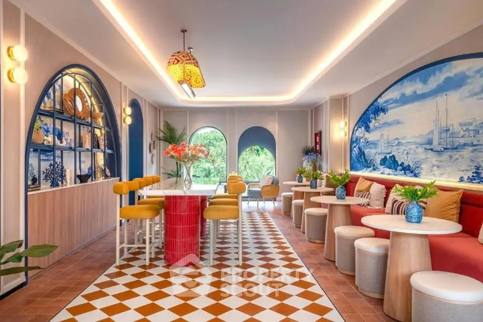 Chic and vibrant interior with stylish seating and artistic decor, perfect for modern living or dining space.