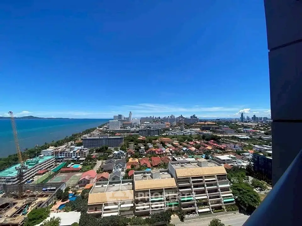 Stunning panoramic city and ocean view from high-rise building balcony.