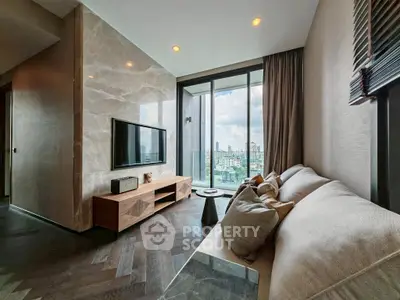 Modern living room with city view and stylish decor