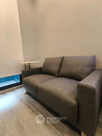 Cozy modern living room with stylish gray sofa and sleek flooring