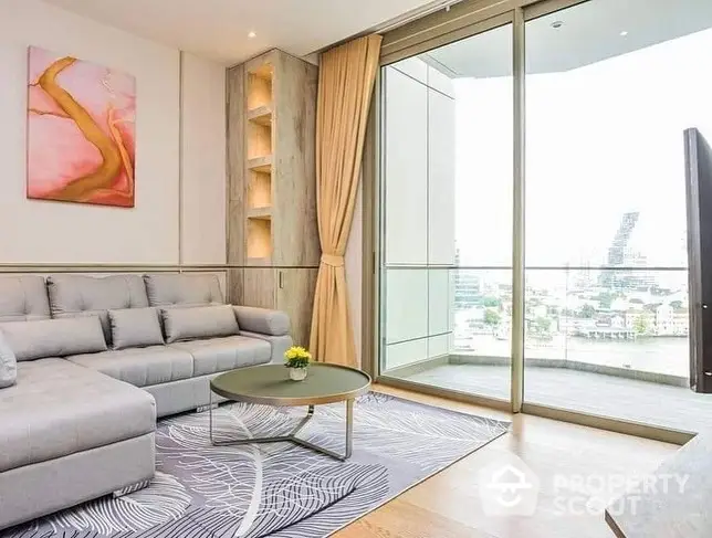 Luxurious corner unit living room with floor-to-ceiling windows offering panoramic city views, modern furniture, and tasteful art.