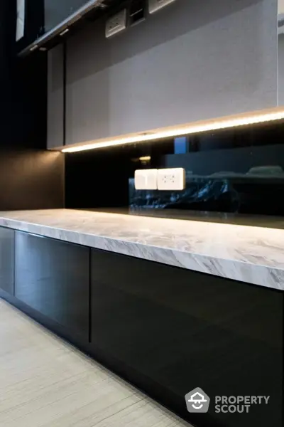 Modern kitchen with sleek black cabinets and marble countertop