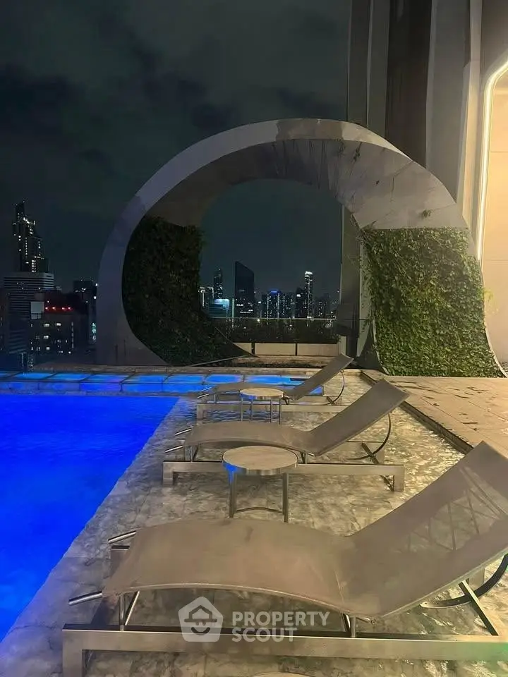 Luxurious rooftop pool with stunning city skyline view at night.